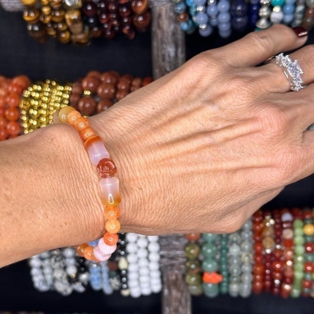 Handmade Natural Orange Carnelian Bead Stretch Bracelet Carved Rose Bamboo 7"